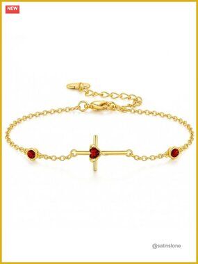 18K Gold Cross Birthstone Bracelet Women Adjustable Garnet